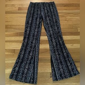 TRY!THIS size LARGE, black, blue, tan & white  floral patterned, flared pants.